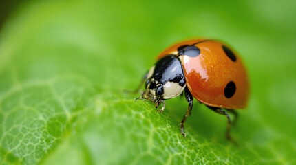 Fototapeta premium Close-up of a ladybug crawling on a green leaf, showcasing vibrant colors and fine details.