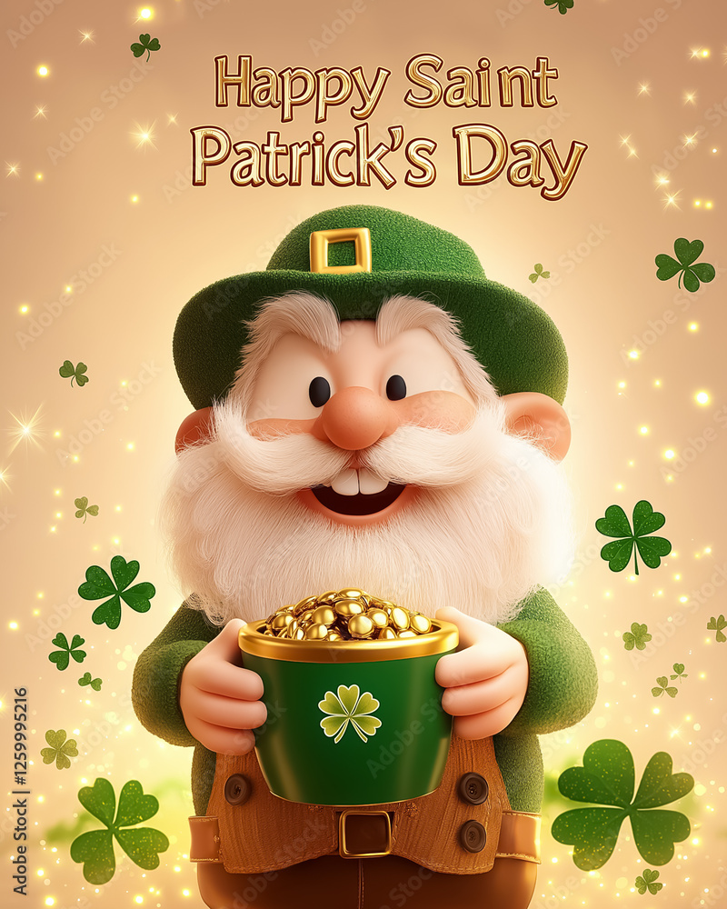 Poster a leprechaun with a joyful expression holds a pot of gold surrounded by shamrocks and sparkles. the 