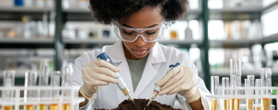 Laboratory technician analyzing soil samples with test tubes in lab