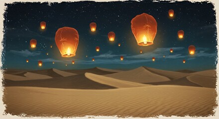 Releasing Floating Lanterns Over Desert Dunes at Night Under Starry Sky