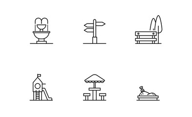 Set of Park and Kid playground icon, Fountain, Bench, Sandbox Symbol Outline icon, Editable Stroke