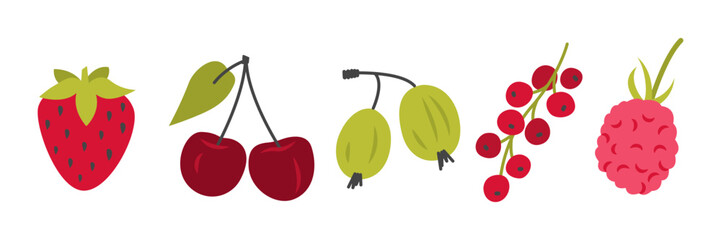Garden berries set. Cartoon cherry, strawberry, raspberry, currant and goosebrry illustration. Organic items foods. Ingredients for fresh juice. Vector isolated on white