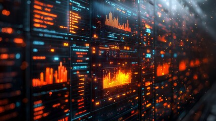 Fototapeta premium Futuristic wall of glowing data screens