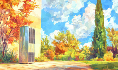 A Vibrant Autumn Landscape with Colorful Trees and a Modern Structure Beneath a Bright Blue Sky and Fluffy Clouds, Capturing the Essence of Nature and Serenity.