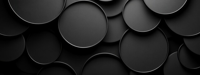 Minimalist black background with overlapping circles for design, banner template. White space in the center of the page for text. Sleek black and white abstract pattern.