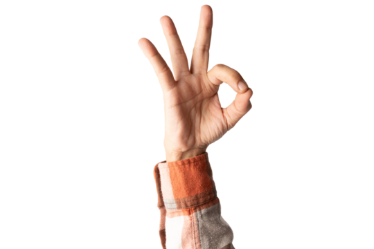 Male hand with classic shirt doing OK sign isolated no background cutout
