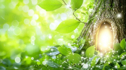 Magical Glowing Tree Hollow in Enchanted Forest Nature Scene Dreamlike Light Serene Environment Close-up Perspective