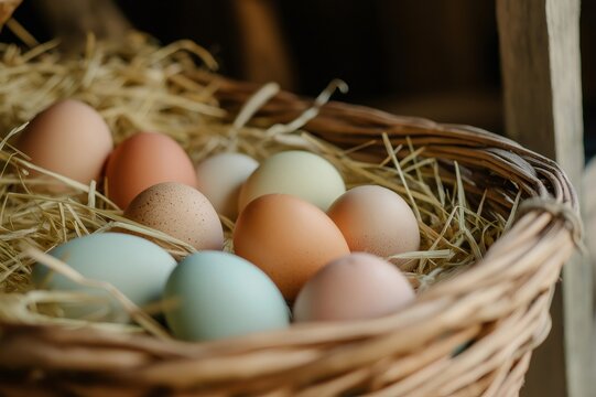 Colorful organic chicken eggs resting on straw in a wicker basket, ready for Easter celebration or a healthy breakfast