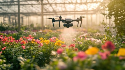 Springtime in a greenhouse, with an agricultural drone flying over the flower beds, releasing water onto the blossoming flowers
