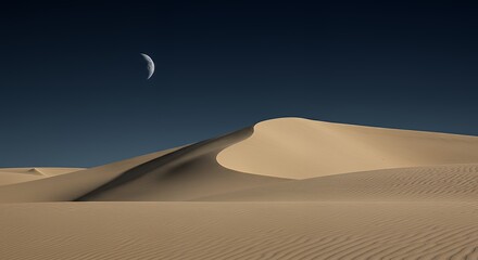 Naklejka premium Sand Dunes Landscape with Crescent Moon Under Dark Blue Night Sky