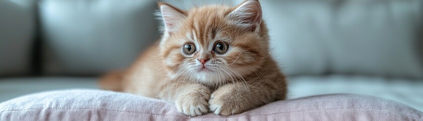 A fluffy, orange kitten rests adorably on a cushion, displaying its curious eyes and soft fur in a cozy living room setting.