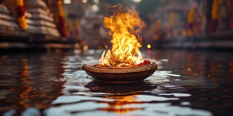 Ancient tradition of floating a fire altar on water to honor the sacred river Ganges. A Hinduism practice of Agni Hotra, wherein offerings are made into the sacred flames.