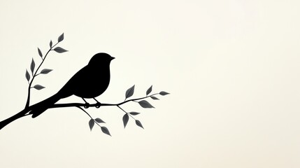 Silhouette of a small bird perched gracefully on a branch with gentle leaves against a serene neutral background