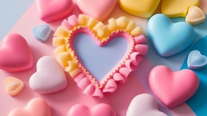 Obraz premium Colorful valentine hearts background with pink and gold 3d hearts arranged in a creative love-inspired pattern perfect for romantic designs.