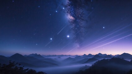 Starry night sky above a range of silhouette mountains