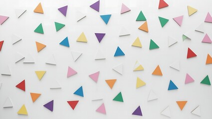 Festive colorful confetti triangle pattern on a white background creating a cheerful and playful seamless abstract design for celebrations and parties.