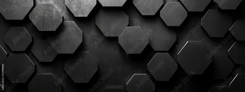 Poster minimalist black background with repeating hexagons for design, banner template. featuring white spa