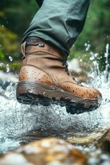 Foot with trekking boot partially submerged in water, indicating activity in a natural outdoor setting.