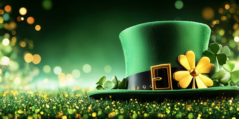 Green leprechaun hat adorned with a gold buckle and a shamrock placed on a vivid green background filled with soft lighting and golden bokeh. This festive accessory adds charm to celebrations