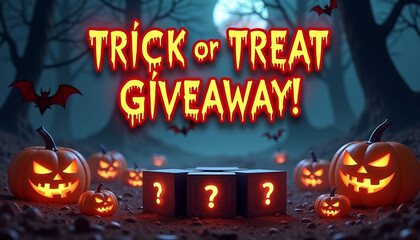 Dark and eerie Halloween-themed raffle poster with glowing pumpkins, bats, and dripping text