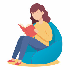 vector girl reading book on bean bag chair