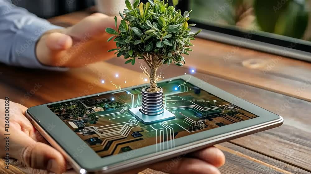 Poster transforming technology and nature through innovative ideas in a modern workspace with digital art. 