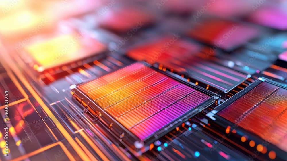 Poster vibrant futuristic circuit board with colorful interconnected microchips and processors