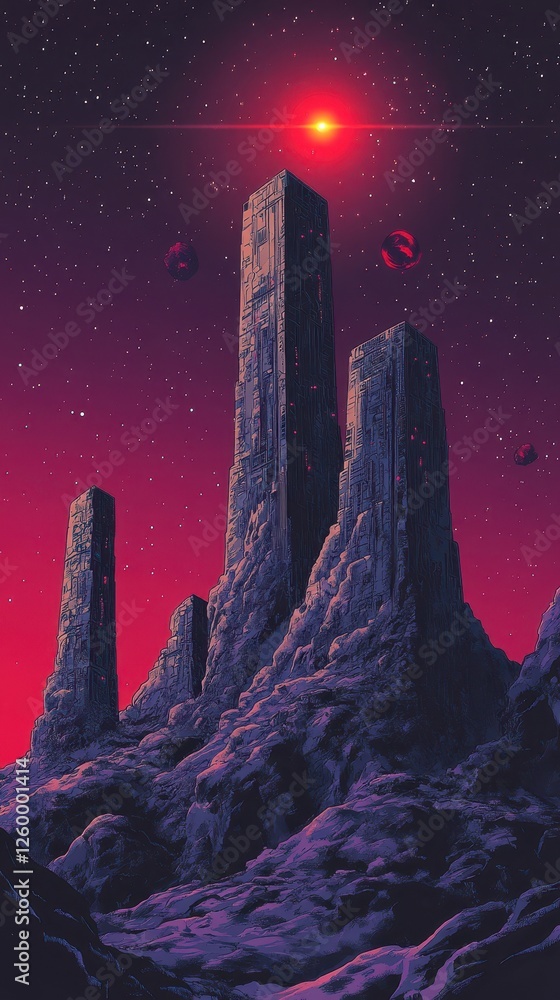 Poster futuristic monolithic structures dominate a desolate alien landscape