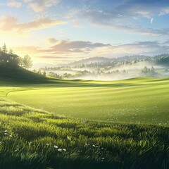 Obraz premium Serene golf course landscape with early morning sunlight and mist
