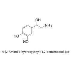4-(2-Amino-1-hydroxyethyl)- 1,2-benzenediol, (±)- skeletal structure.Catecholamine derivative compound schematic illustration. Simple diagram, chemical structure.