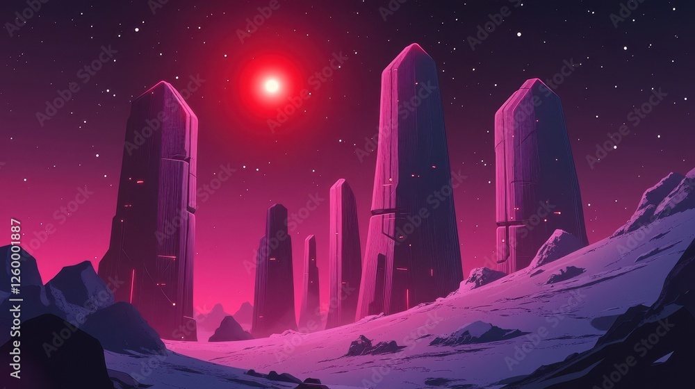 Poster abstract alien landscape features monolithic structures under a red star