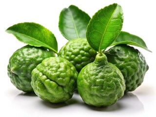 Fototapeta premium Close-up of fresh kaffir lime leaves and fruit, crisp white background.