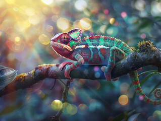 A vibrantly colored chameleon with intricate patterns of red, blue, green, and yellow scales is perched on a branch in a lush, blurred forest background.

