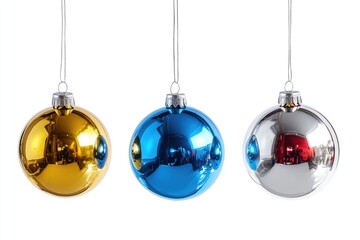 Set of four round Christmas baubles with different colors: gold, blue, red, and silver.