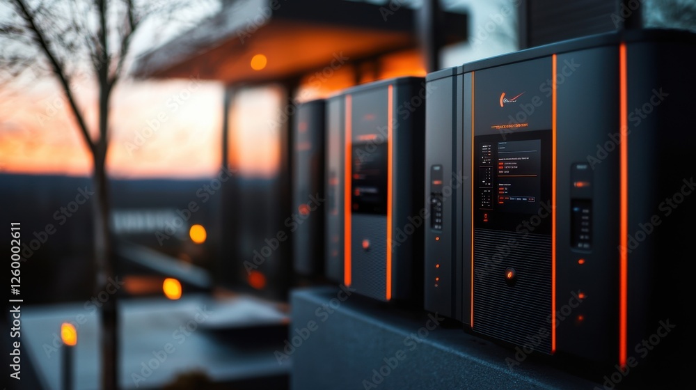 Poster rows of server racks in a datacenter with sunset illumination