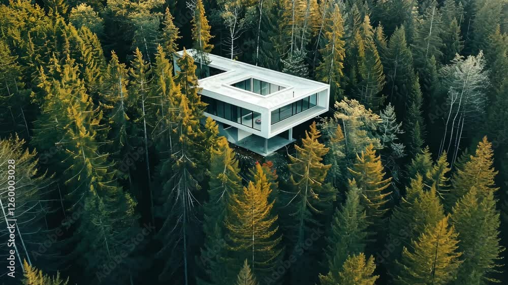 Poster a unique modern structure is nestled among tall trees, creating a beautiful contrast with the lush g