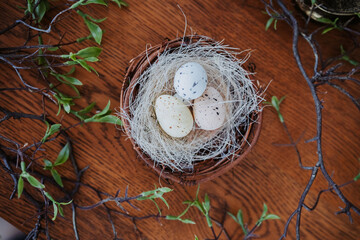 Decorative nest with speckled eggs resting on a wooden table
