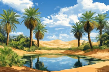 Tranquil desert oasis featuring tall palm trees surrounding a reflective pond, set against golden sand dunes and a vibrant blue sky