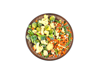 Freshly frozen vegetables in a plate isolated without background. Freezing vegetable products. Food preparation and storage. Mockup element in png format. Image to insert into template.