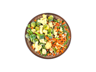 Freshly frozen vegetables in a plate isolated without background. Freezing vegetable products. Food preparation and storage. Mockup element in png format. Image to insert into template.