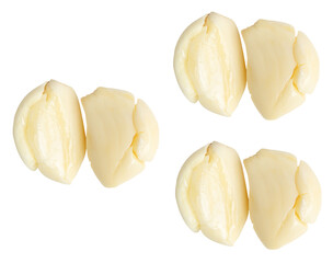Top view set of peeled pounded garlic cloves in three stack isolated with clipping path in png file format