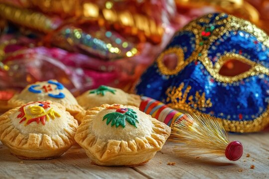 Colorful pastries decorated for a celebration or festive occasion. Mardi Gras themed with masks and beads as toppings.