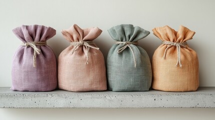 Minimalist concrete shelf displaying pastel cloth sacks in muted tones