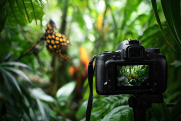 Digital camera on a tripod captures a vibrant exotic butterfly amidst the lush greenery of a tropical rainforest