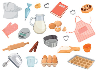 set of baking ingredients. Products and kitchen tools for cooking baking recipes. Cartoon vector illustration