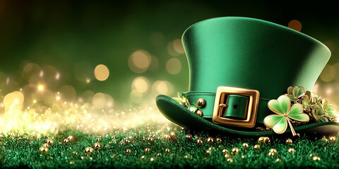 A vibrant green leprechaun hat adorned with a shiny gold buckle rests on a smooth green background. Soft lighting highlights gold bokeh, creating a festive atmosphere for celebrations