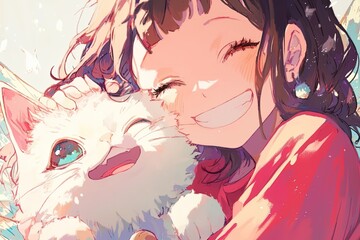 Girl hugs smiling white cat outdoors, sunlight, gentle scene