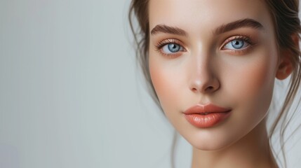 Fototapeta premium Close-up portrait of a young woman with striking blue eyes, well-defined brows, and soft peach-toned makeup, creating an elegant and refined look