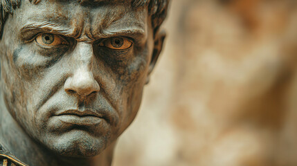 Close-up of a weathered sculpture of Roman Emperor.