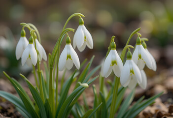 snowdrops making their way through the dry leaves in the forest. Snow-white flowers symbolize the arrival of spring and the renewal of nature, creating an atmosphere of freshness and tranquility.